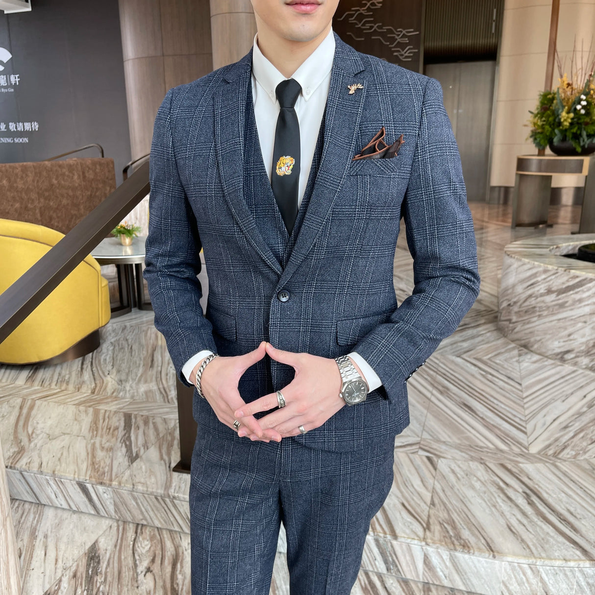 Men Plaid 3-Piece Business Suit