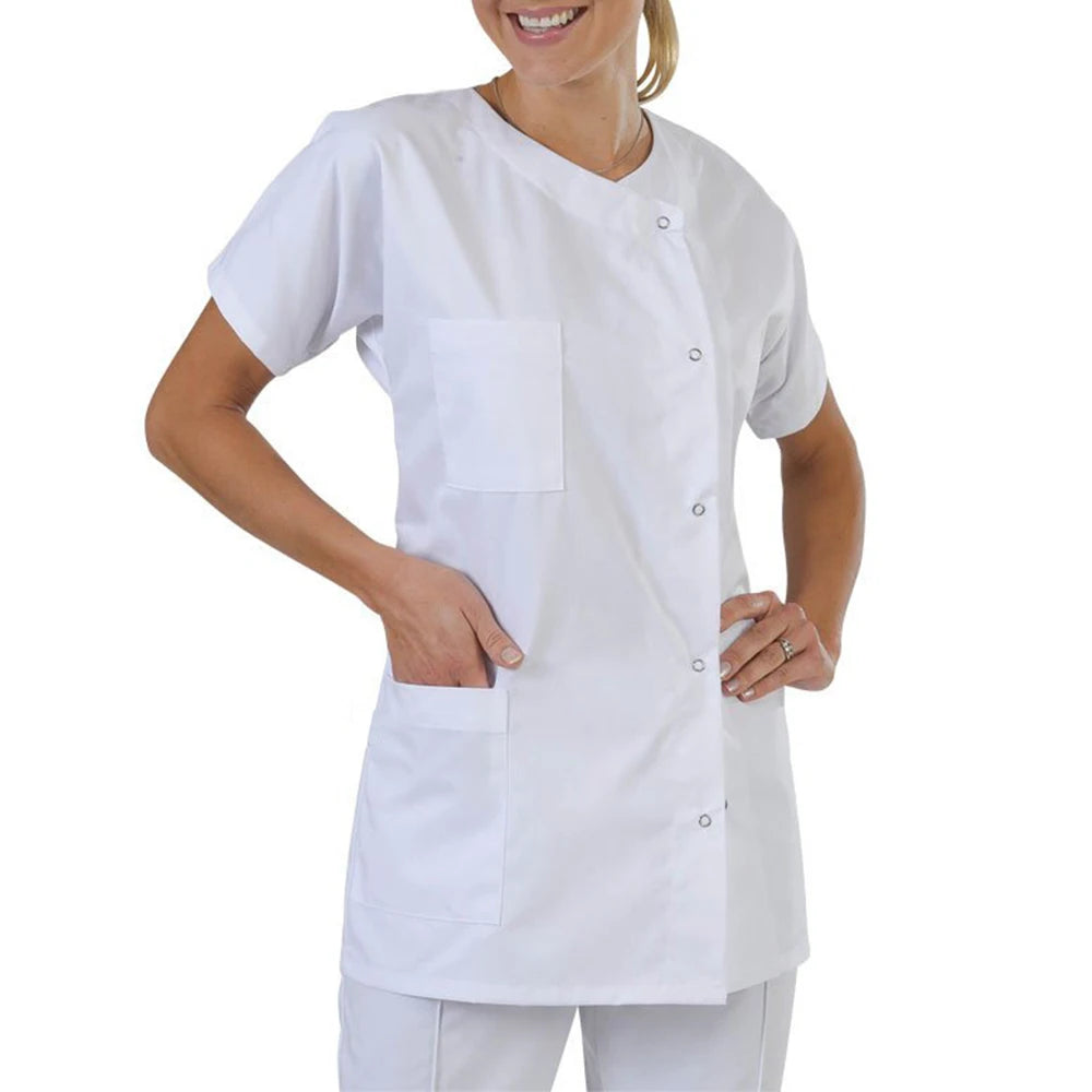 Unisex short sleeve medical shirt in white, featuring buttons and pockets, ideal for pharmacy and doctor's outfit.