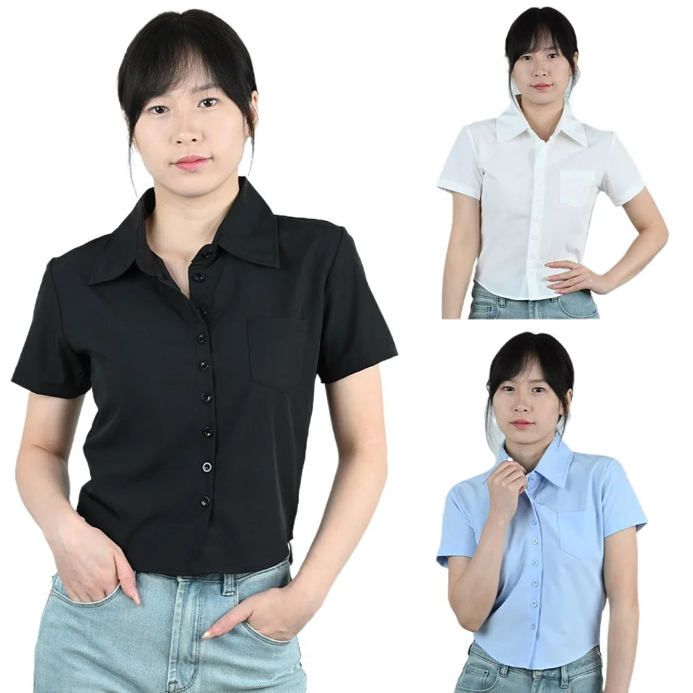 Model wearing LapelCurve™ Slim Fit Professional Shirts in black, white, and blue short sleeves.