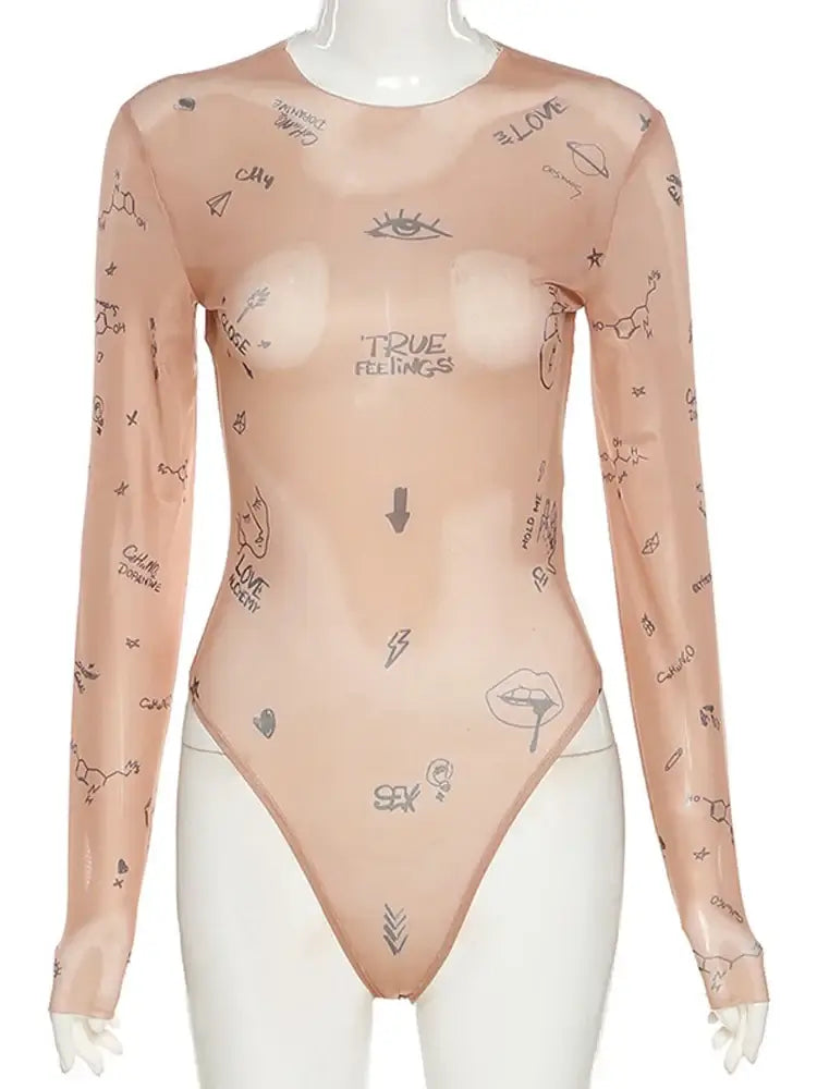 Women Slim Long Sleeve Print Bodysuit