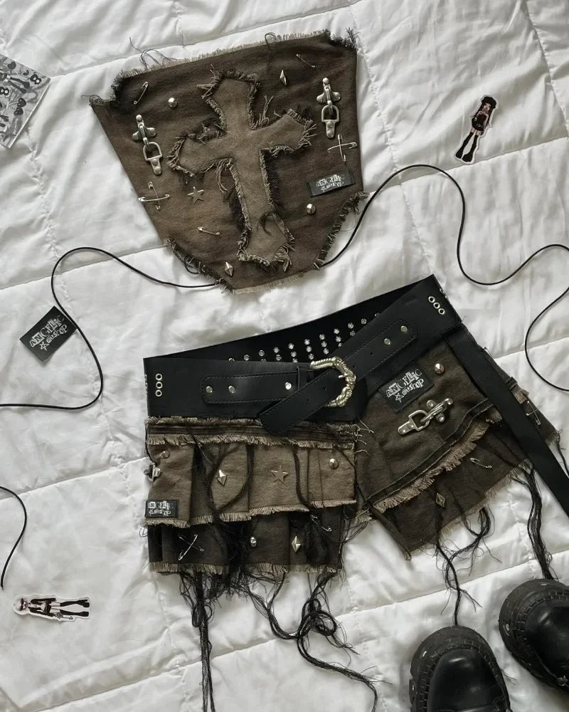 Women Cross Patch Denim Skirt Set