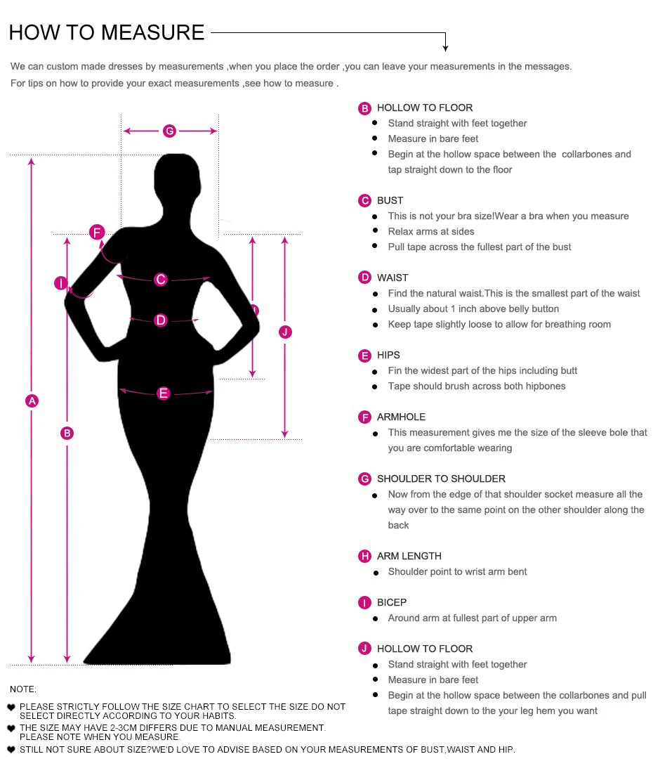 Measurement guide for bridesmaid dresses with detailed instructions for bust, waist, hips, and overall fit.
