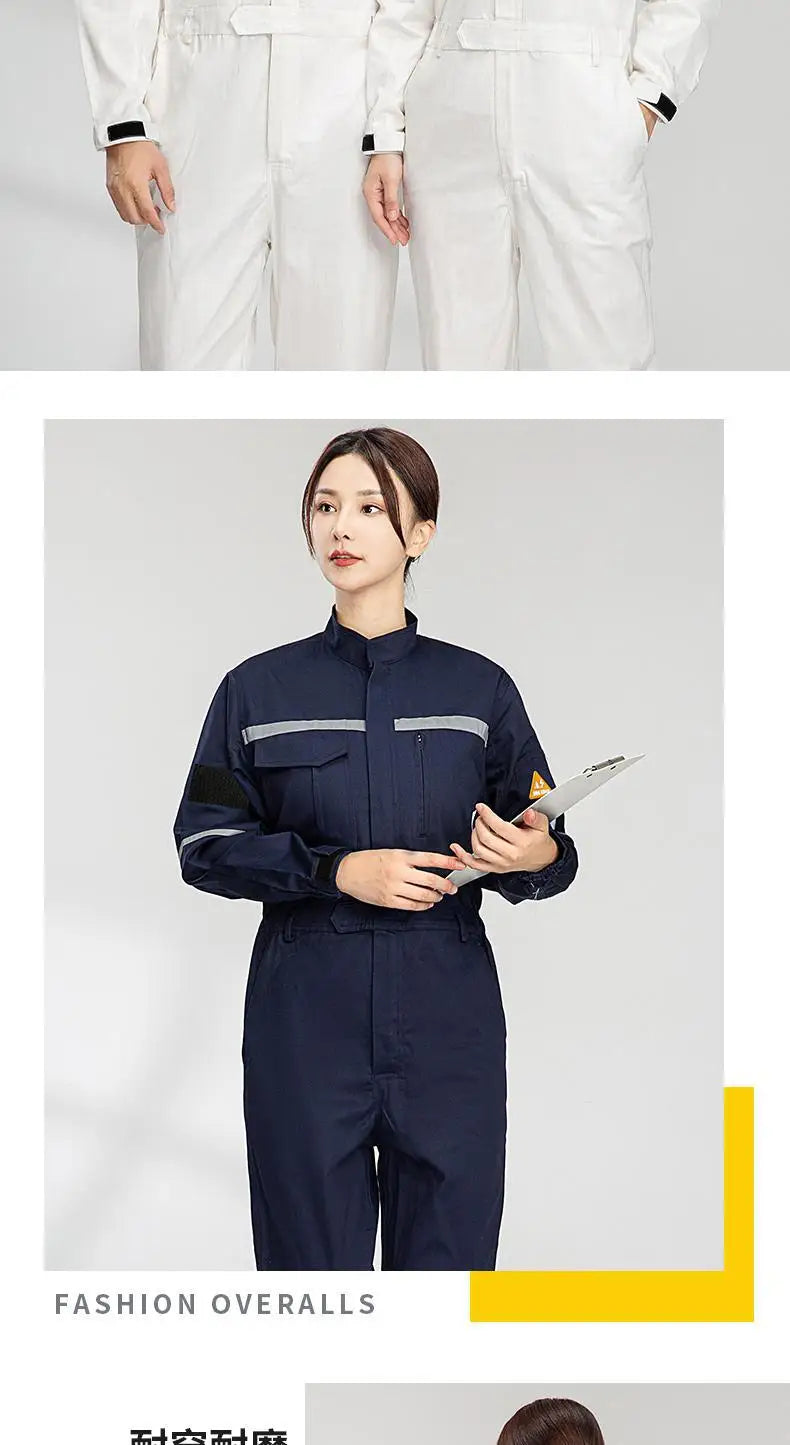 Model wearing navy blue and white anti-static flame-resistant welding suits, showcasing durable cotton workwear design.