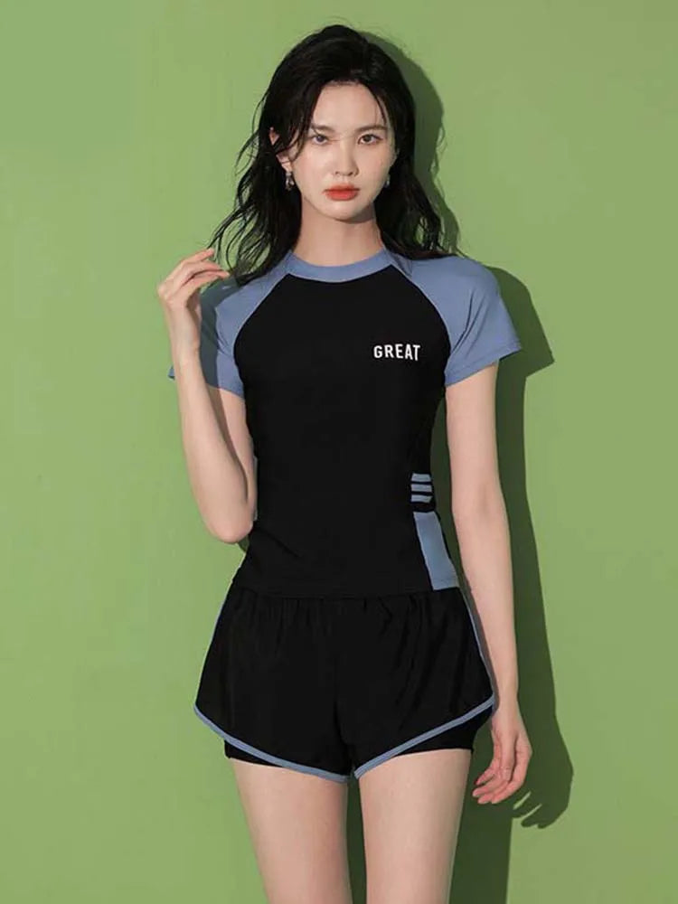 Women Patchwork Short Sleeve Swimsuit