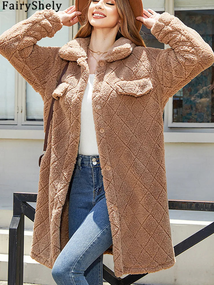 FairyShely Brown Puff Long Women's Winter Jacket – Plush Warm Coat