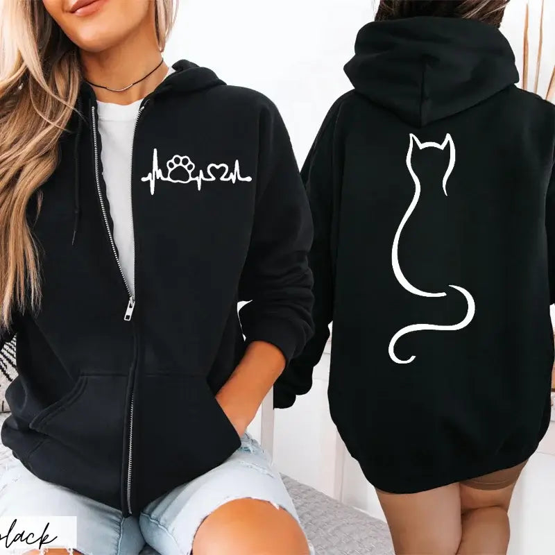 Women Cat Print Zip Hoodie Jacket Streetwear Coat