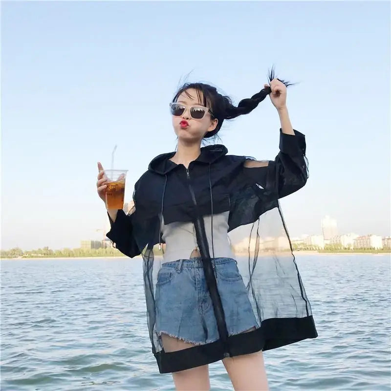 Oversized See-Through Women's Summer Coat – Korean Patchwork Jacket