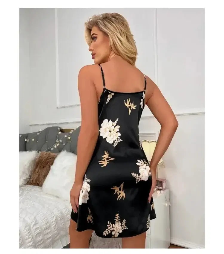 Women Black Floral Nightdress Satin Sleepshirt Casual