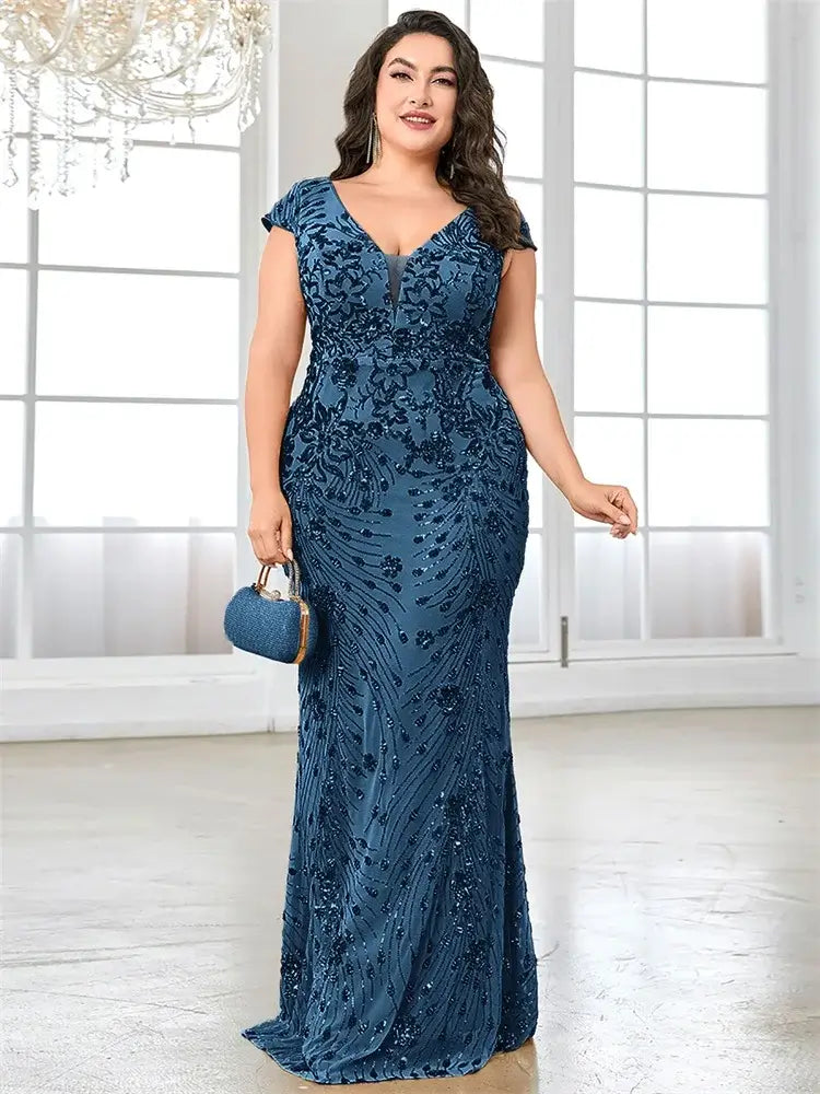 Women Plus Size Mermaid Sequin Formal Prom Dress