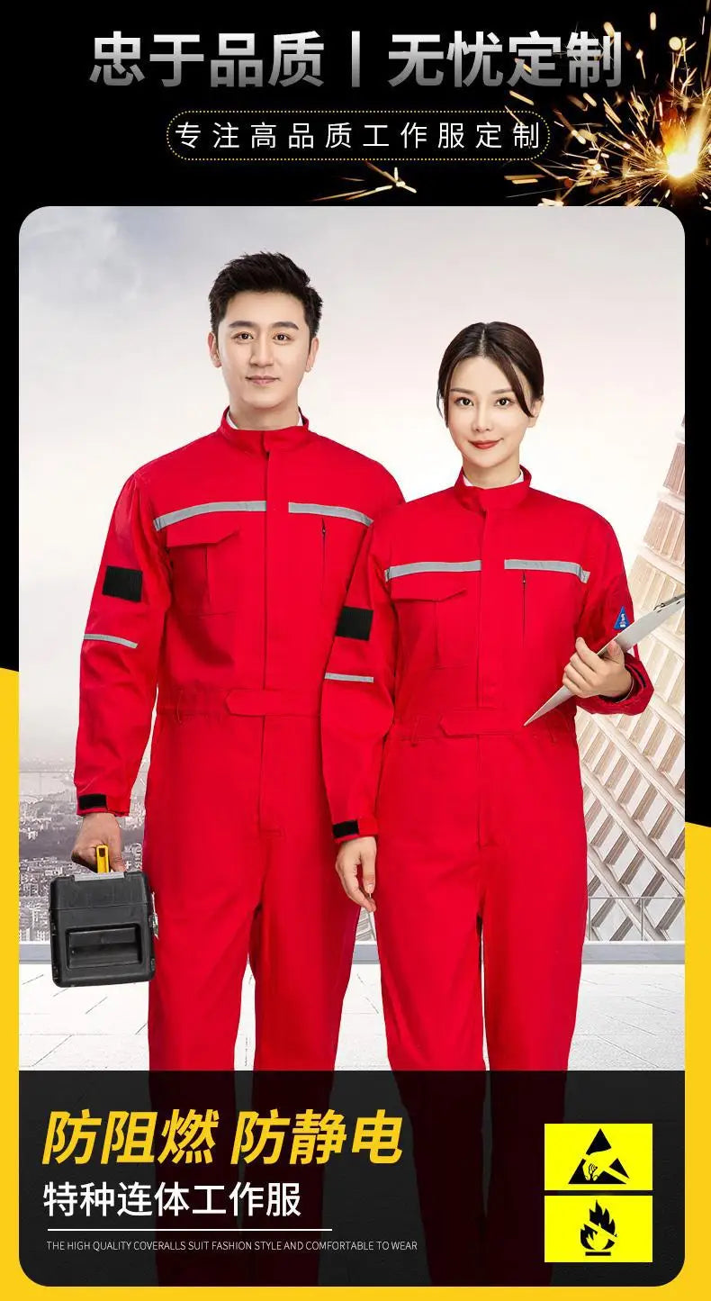 Two professionals in red anti-static flame-resistant welding suits, showcasing durable pure cotton workwear for safety.