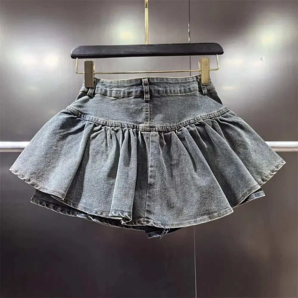 PuffyBelt™ – Puffy Layered Denim Skirt (Black A-line, High Waist)
