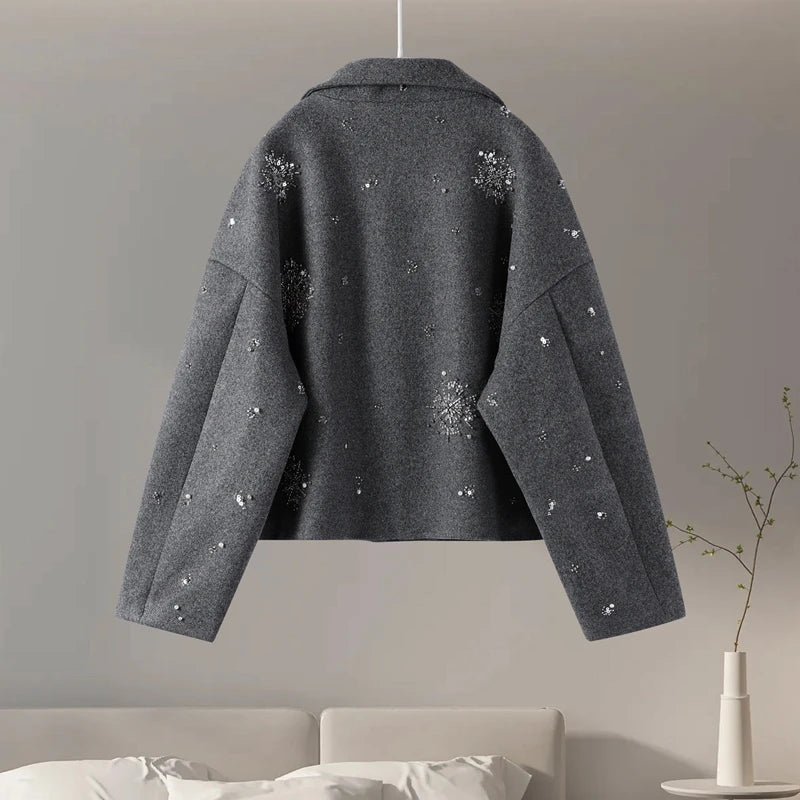 Casual Embroidered Wool Blend Bat Sleeve Coat