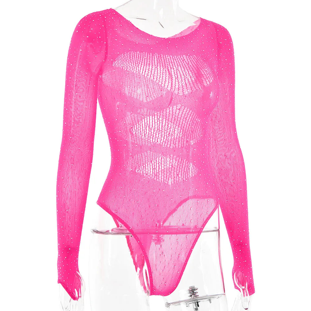 Women's Knitted Rhinestone Long Sleeve Bodysuit – Sexy Y2K Outfit