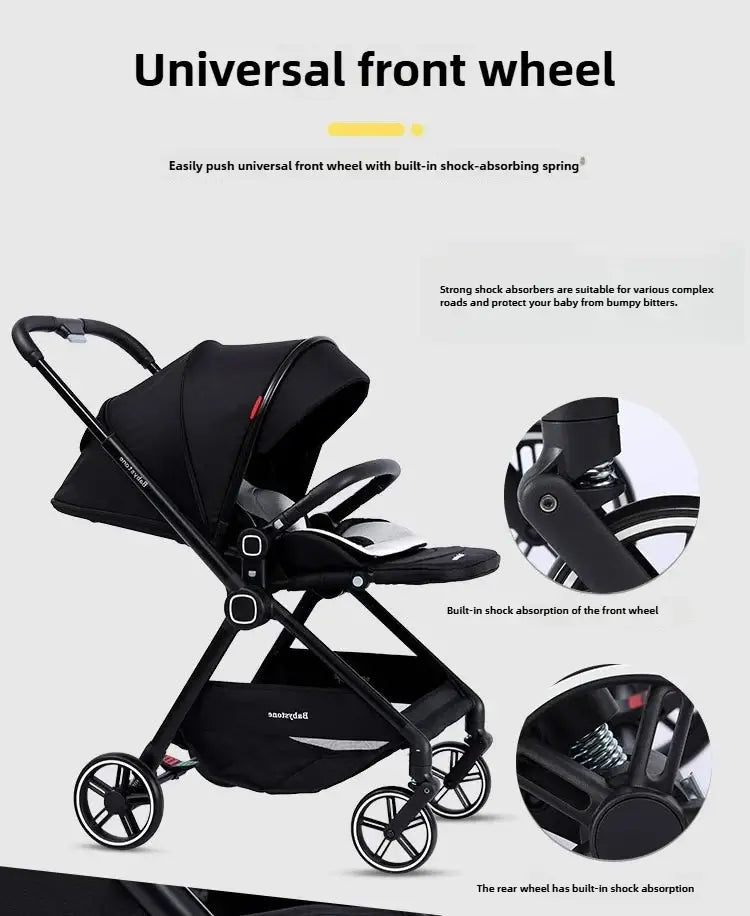 Highview Baby Stroller with universal front wheel, featuring shock absorption for a smoother ride on complex terrain.