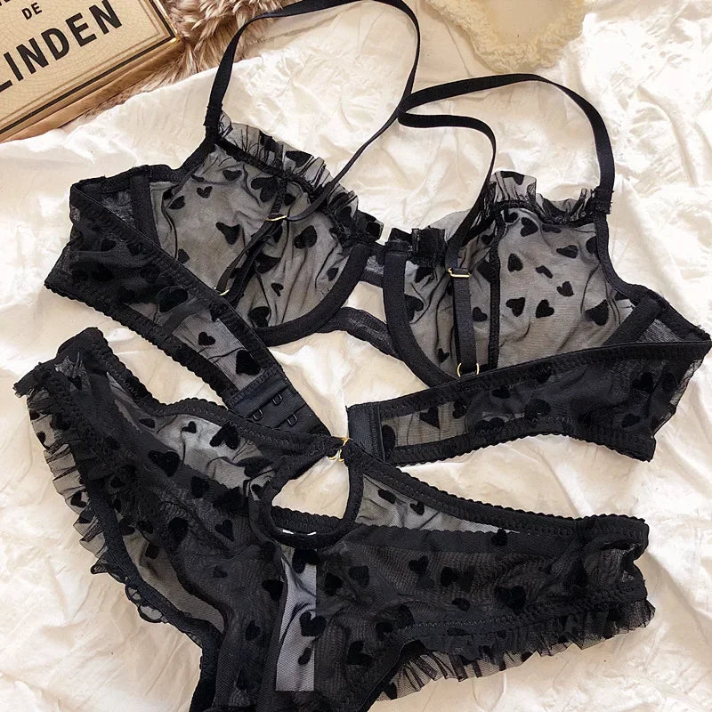 Women Mesh Heart Lingerie Set