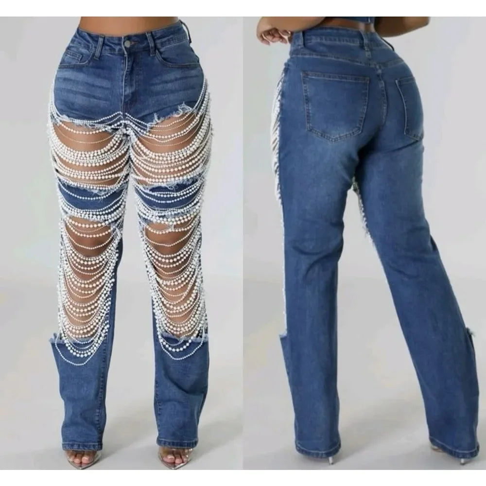 ChainTear™ – Bead Chain Ripped Slim Denim Pants 2025 (Grungy, Sleek & Decorative)