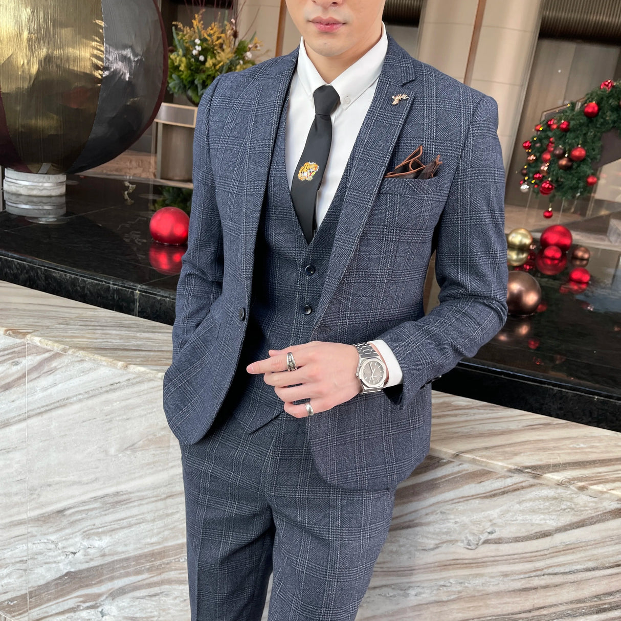 Men Plaid 3-Piece Business Suit