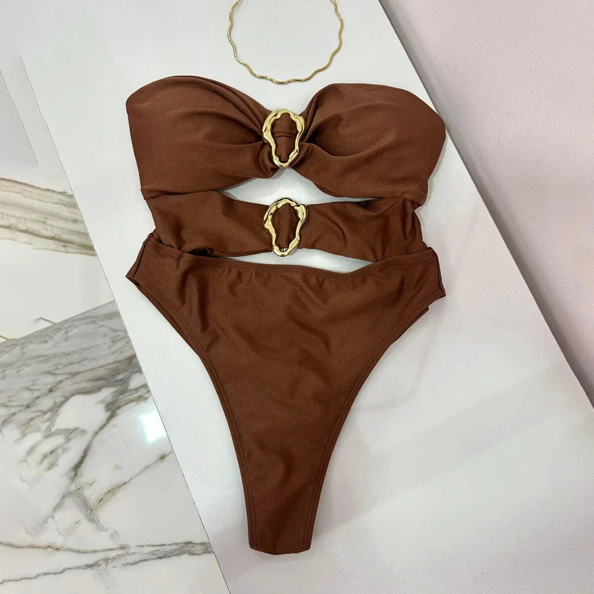 Women Metal Ring Bandeau Swimsuit