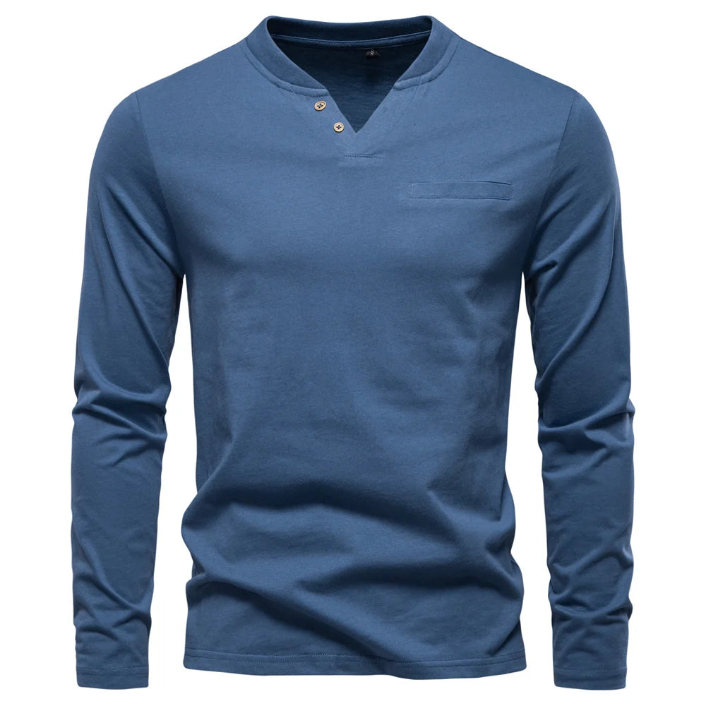 Men Cotton Henley Long Tee