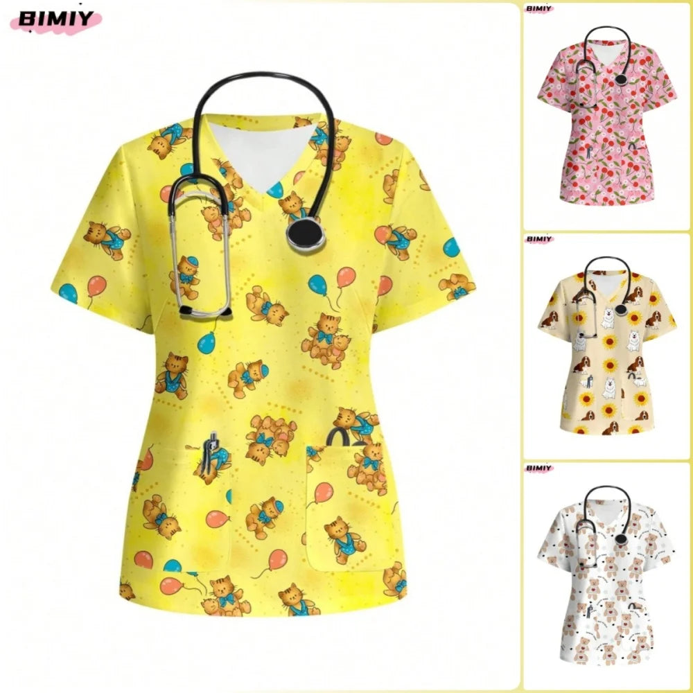 Colorful women's nursing scrub top featuring playful bear prints, perfect for medical professionals and casual wear.