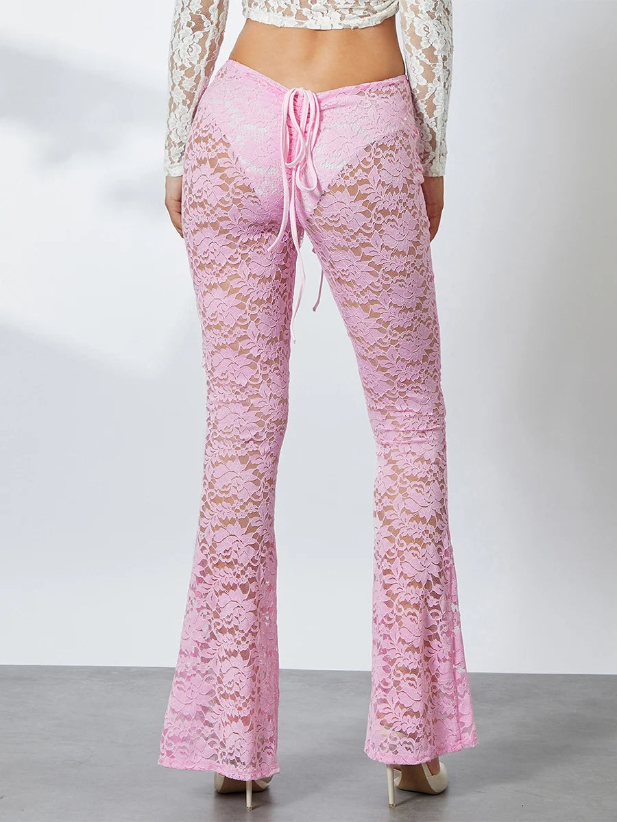Women Lace Flare See-Through Pants