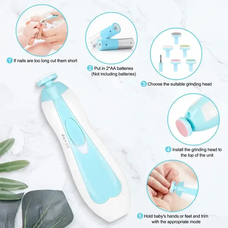 Baby electric nail trimmer instructions: battery installation, grinding head selection, and safe use for baby nail care.