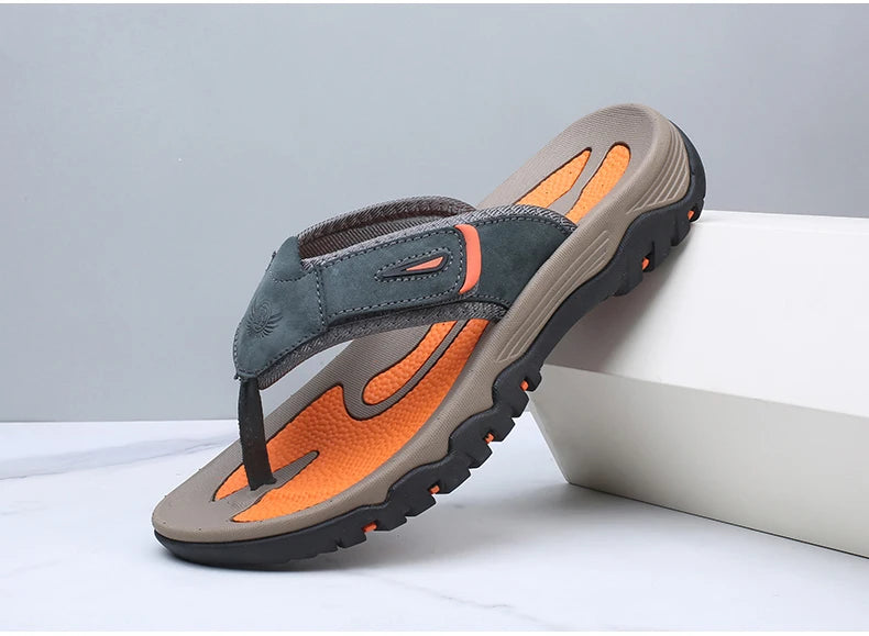 Men Cow Leather Beach Flip Flops Sandals