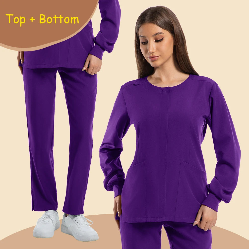 Women’s long sleeve purple surgical scrubs set, featuring breathable fabric and pockets for medical professionals.