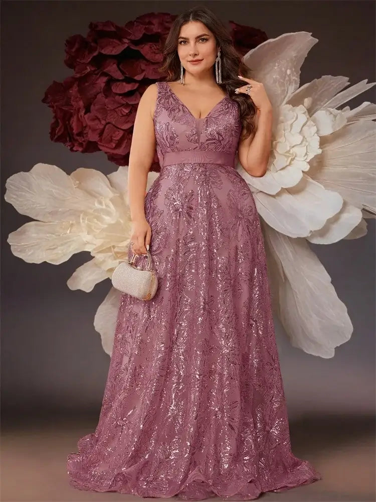 Women Plus Size Sequin Evening Dress Deep V Prom Gown