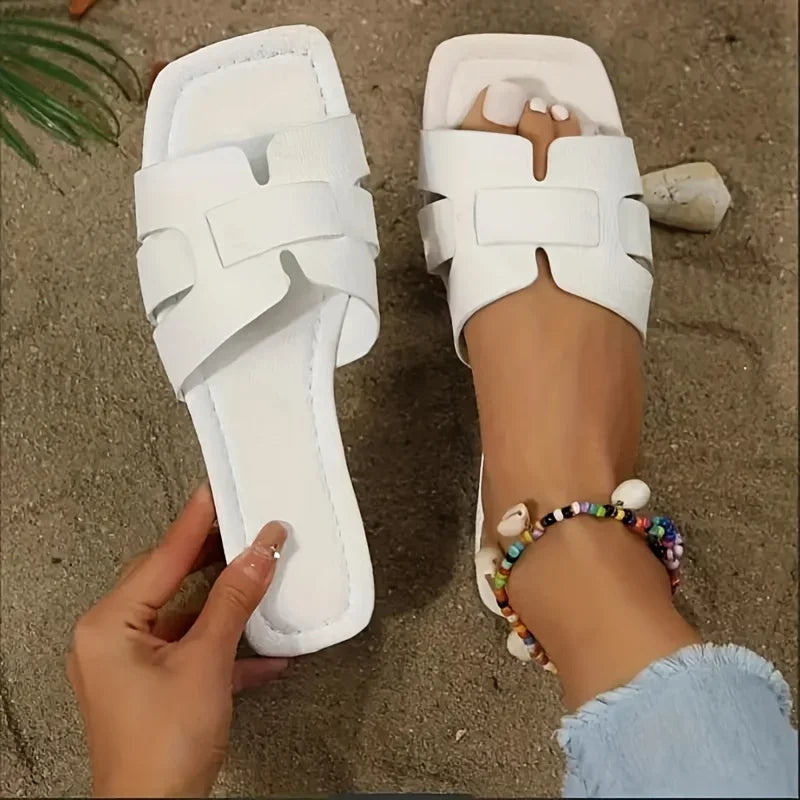 Women Slide Sandals Square Open Toe Flats