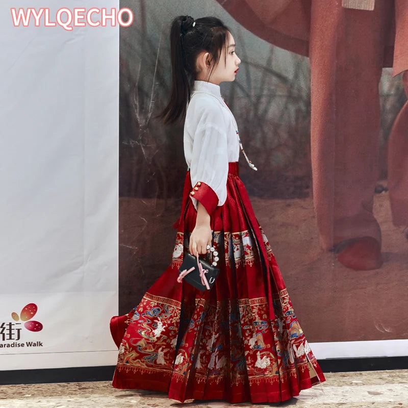 Summer Hanfu girls dress with embroidered skirt, perfect for play and special occasions, made from comfortable polyester.