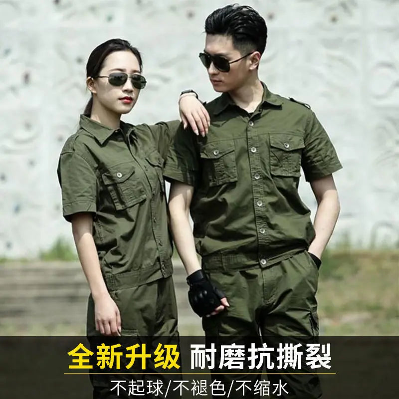 Summer cotton green work suit designed for welding protection, featuring a durable and stylish fit for outdoor activities.