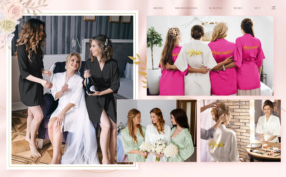 Group of women in stylish satin robes celebrating a wedding shower, showcasing various colors and designs.