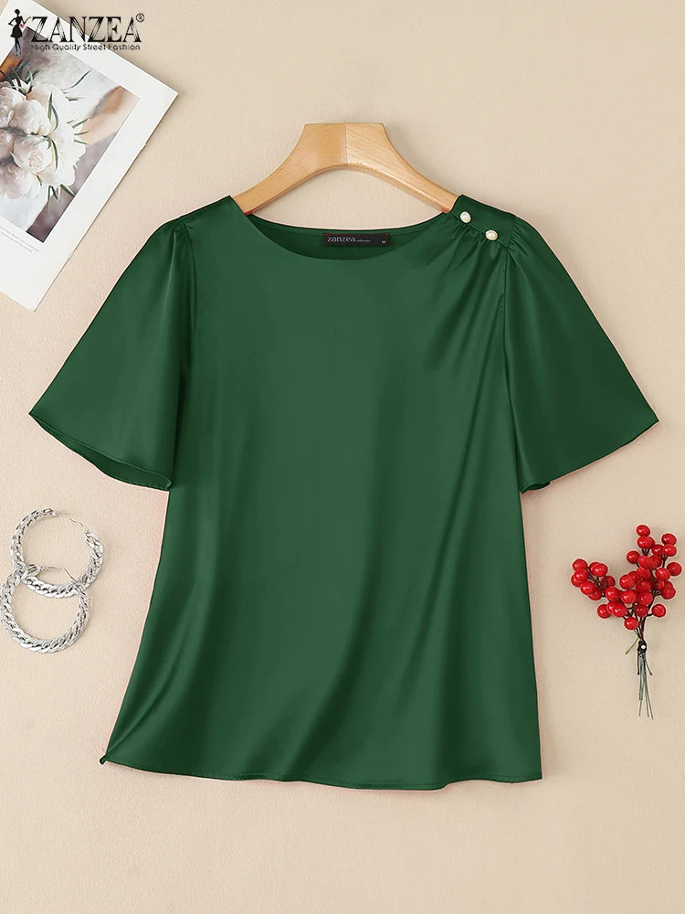 Women Satin Office Short Sleeve Blouse