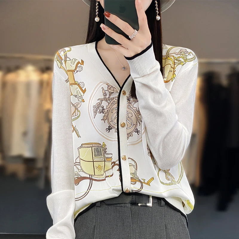 Women's Printed Stitching Wool Cardigan