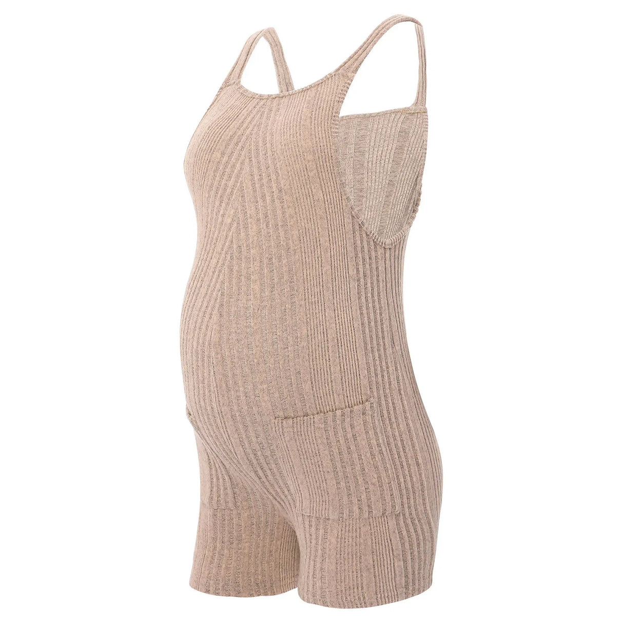 Sleeveless ribbed maternity jumpsuit in natural color, designed for comfort and style during pregnancy.