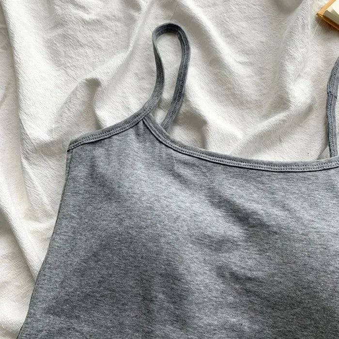 CottoForm™ padded cotton camisole in gray color, featuring a slim fit and summer sleeveless design on a soft fabric backdrop.