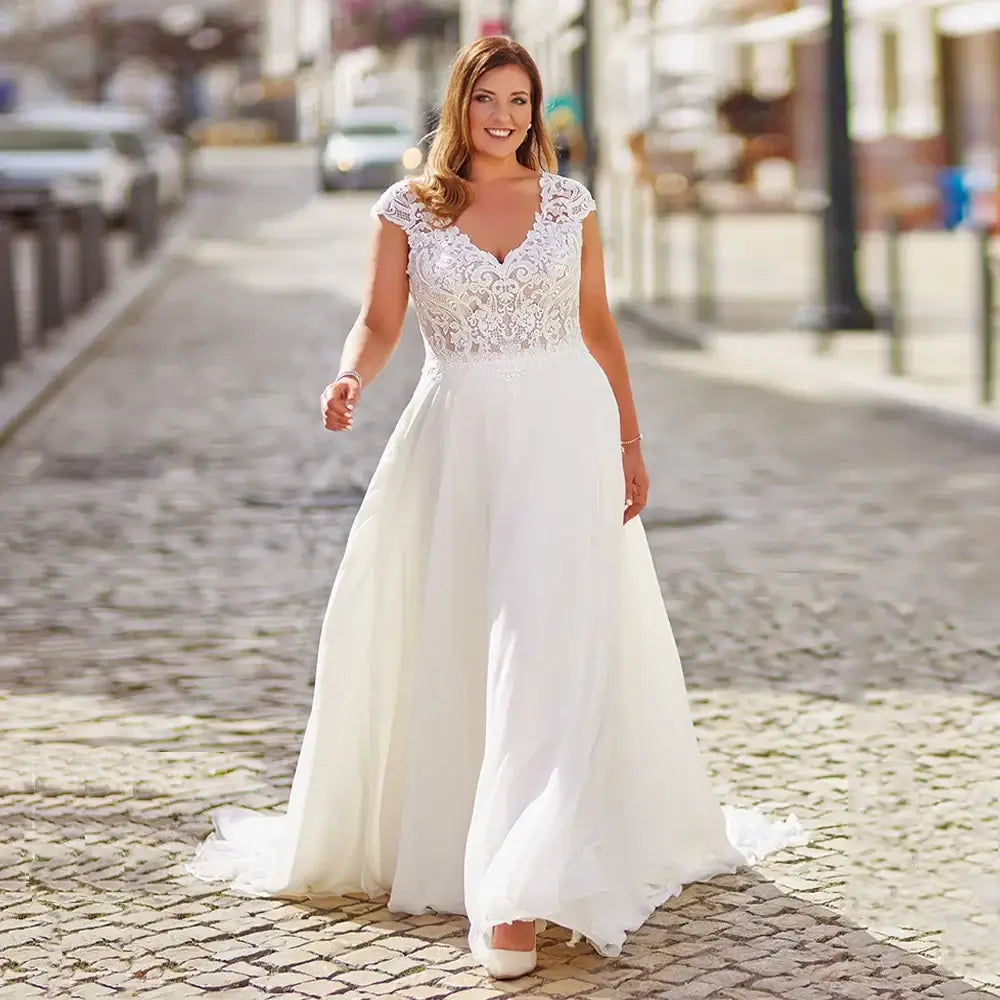 Women Plus Size Backless Chiffon V-Neck Wedding Dress