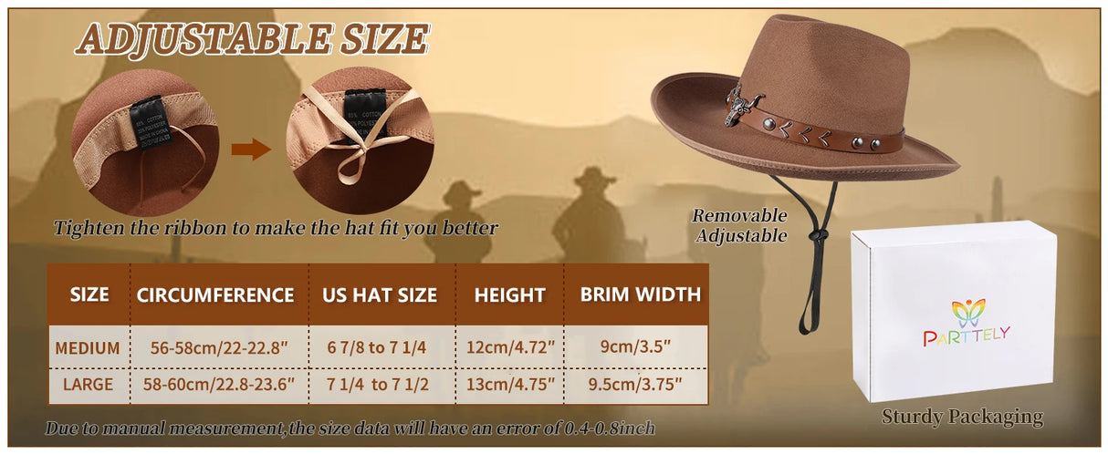 Adjustable cowboy hat size guide with dimensions and removable ribbon for a better fit.