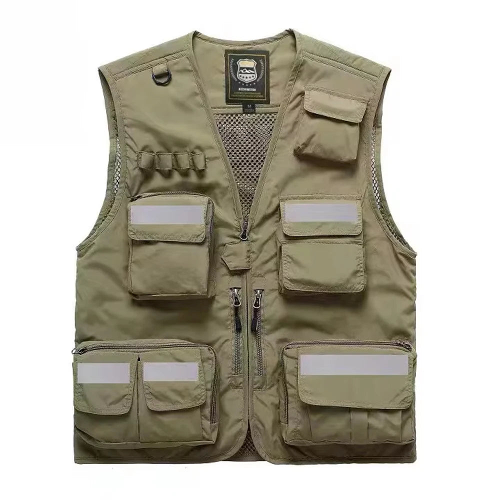 Reflective utility vest with multiple pockets for outdoor work, beige color, ideal for active environments.