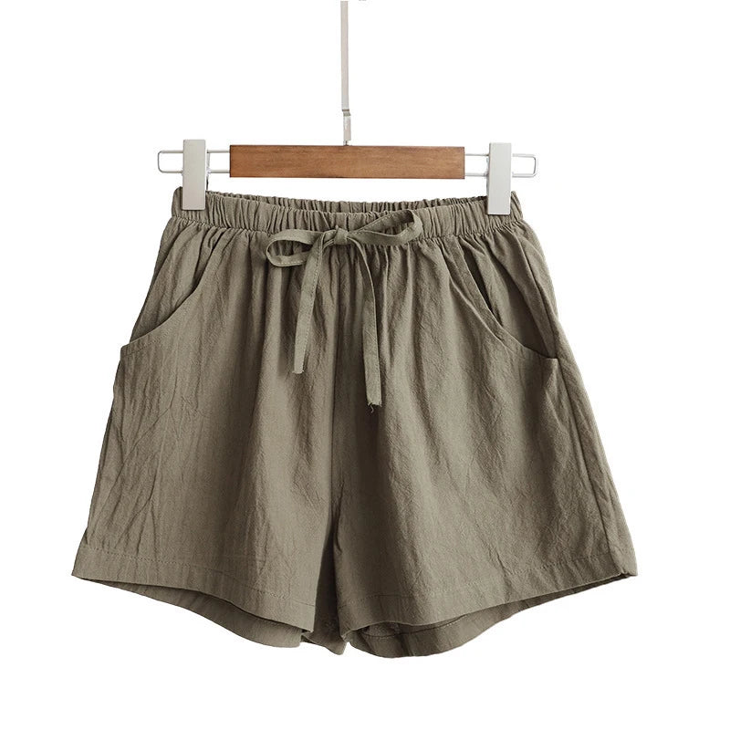 Women Cotton Linen High Waist Shorts