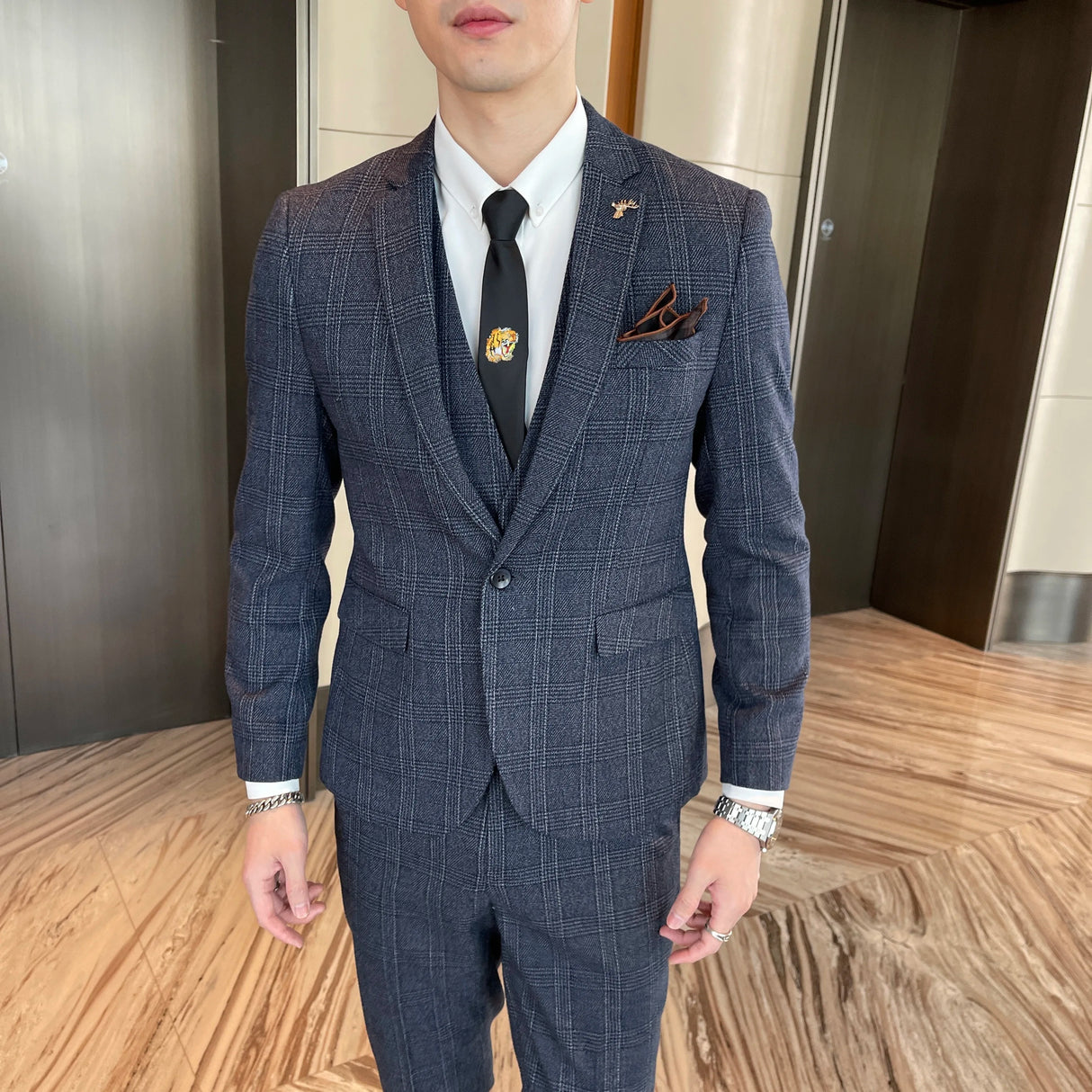 Men Plaid 3-Piece Business Suit