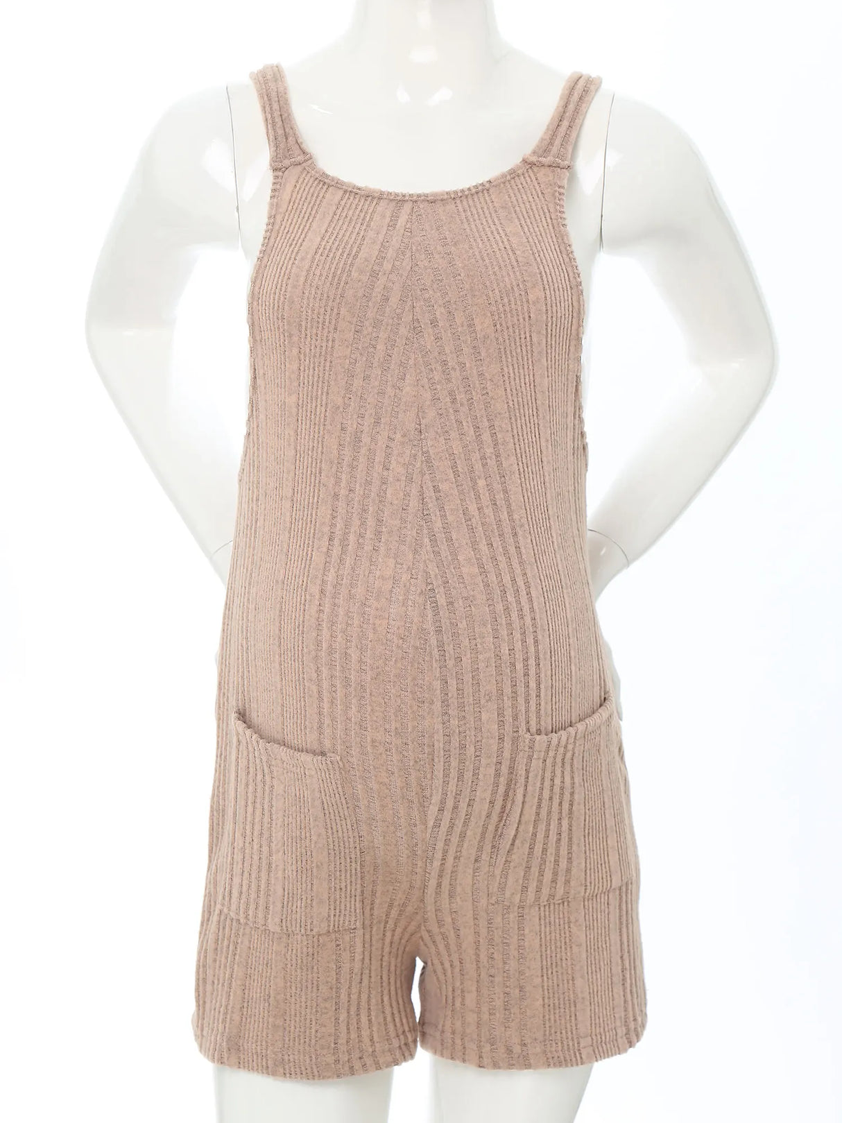 Sleeveless ribbed maternity jumpsuit in natural color, designed for casual summer wear, featuring a loose fit and pockets.