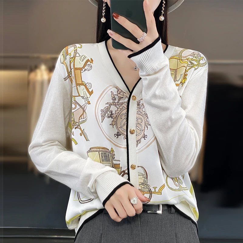 Women's Printed Stitching Wool Cardigan