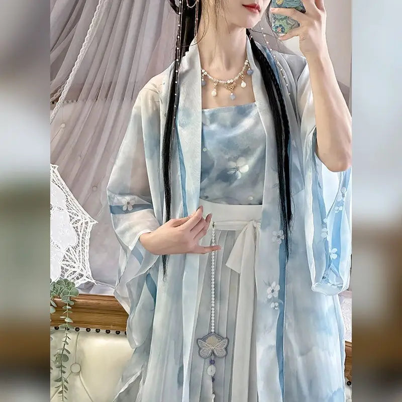 Vintage blue Hanfu cosplay dress 3-piece set for women, featuring elegant floral designs and lightweight fabric.