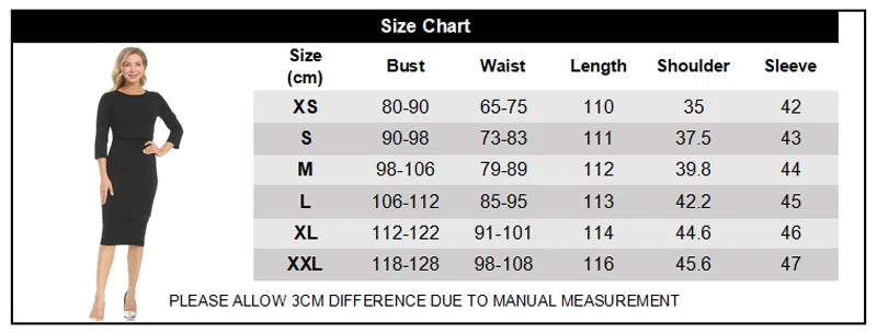 Size chart for postpartum nursing maternity dress with measurements for XS to XXL, including bust, waist, length, shoulder, and sleeve.