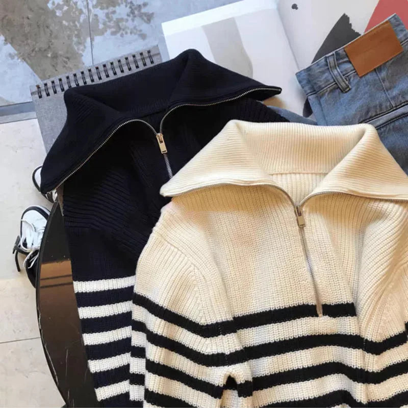 Women's Half Zipper Striped Sweater