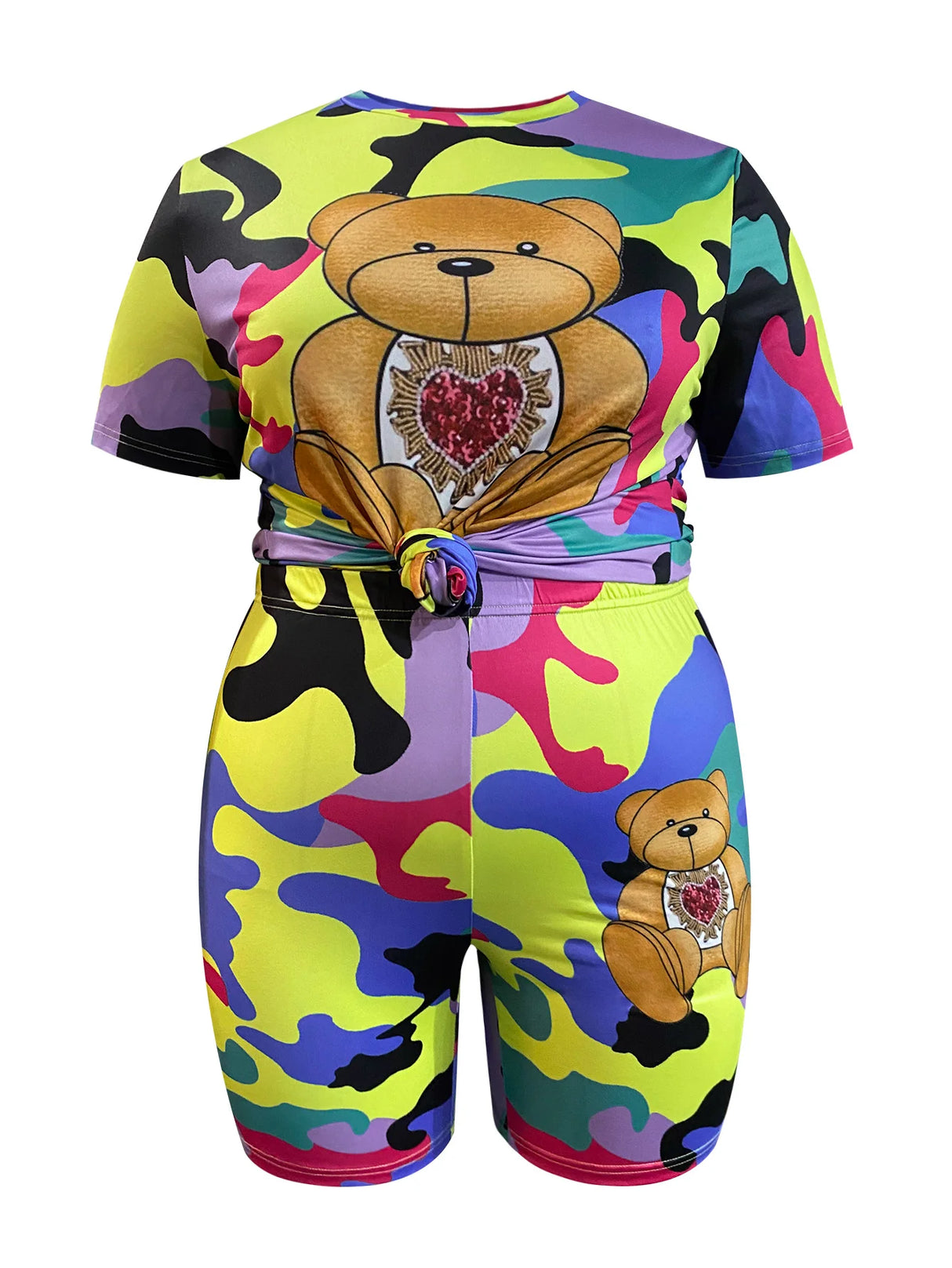 Camo Print Plus Size Shorts Set