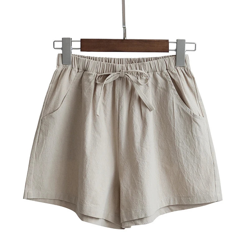 Women Cotton Linen High Waist Shorts
