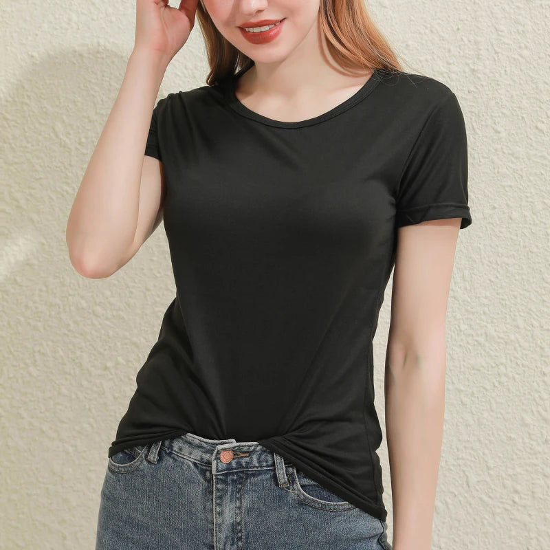 Women wearing a black slim fit cotton tee, perfect for casual summer outfits.